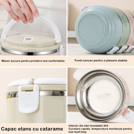 Set 2 Caserole pentru alimente Flippy, lunch box, 1400 ml, otel inoxidabil, maner, valva aerisire, 15.5 x 15 cm, inchidere etansa, multicolor