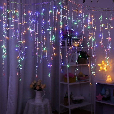 Instalatie Craciun Tip Franjuri/Turturi, 8 Jocuri de Lumini, Interconectabila, 7 m, 200 LED-uri, Prelungitor 1.5 m, Fir transparent, Multicolor