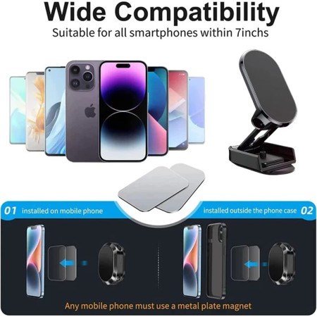 Suport auto magnetic multifuncțional Flippy, Universal, compatibil cu toate dimensiunile de telefon, negru