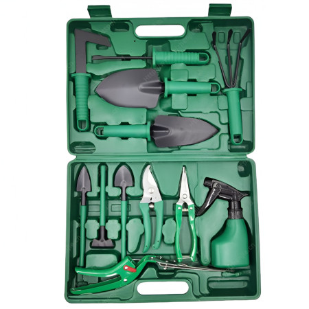 Set 12 Unelte Grădină cu Cutie de Depozitare, PVC & Oțel A3, 38x29 cm, Verde Deschis – Plantare, Sol, Îngrijire Plante