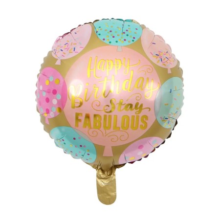 Balon din Folie Metalizata, Flippy, Mini Figurina Rotunda, Model Happy Birthday Stay Fabulous, Tematica Aniversare, 45 cm, Ambalaj Individual, Pai Inclus, Umflare cu Aer sau Heliu, Multicolor