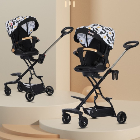 Cărucior Sport 3 în 1, Reversibil, Pliabil, Poziție Somn, Tavă Masă, Roti 360°, Suport Pahar, Copertină Soare, Negru Model Pisicuțe, 6-36 Luni