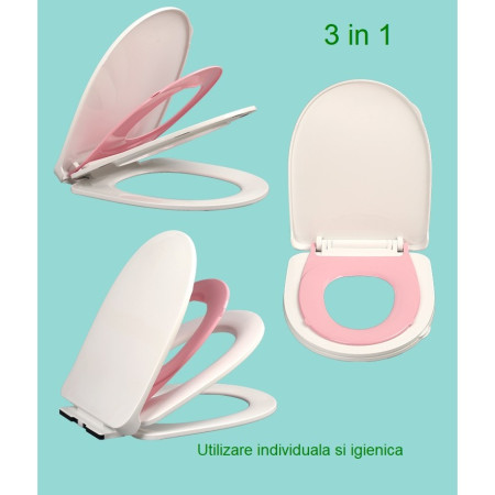 Capac de Toaleta cu Reductie 3 in 1, Flippy, pentru Copii +3 Ani si Adulti, Coborare Lenta si Silentioasa, Instalare Usoara, din PP5 , in Forma de V, Alb/Roz