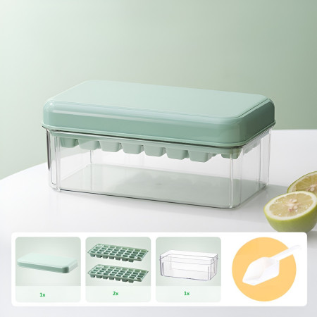 Set Cutie pentru Gheata, Flippy, Uz Casnic, Doua Tavite pentru Cuburi, Capac Etans, Lopata, 23.5x13.3x10 cm, Verde