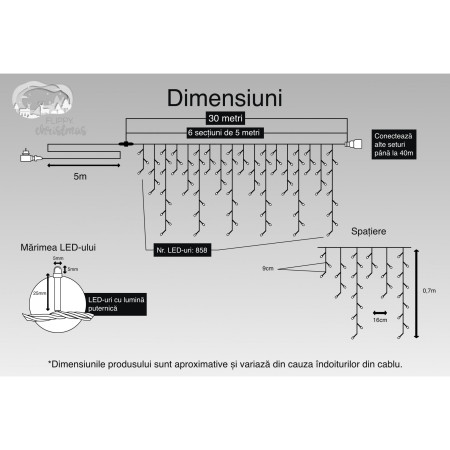 Instalatie Craciun, 30 m, 858 Led-uri ,Franjuri, Multicolor, Flash, Transformator cu telecomanda, Interconectabila, Prelungitor 5 m inclus, Fir Alb, Flippy