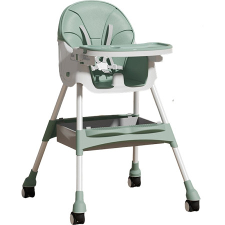 Scaun de Masă Reglabil pentru Bebeluși, Pliabil cu Roti, Suport Picioare și Masuță Ajustabilă, Verde, 97x73x65cm