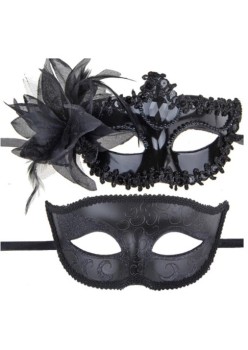 Set 2 Masti de Cuplu, Flippy, pentru Carnaval, Bal Mascat, Marime Universala, Model Floare Laterala si Margele, Model Clasic, Negru Gri