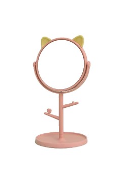 Oglina Cosmetica cu Picior, Flippy, HD, Rotire 360 Grade, 15 cm Diametru, Suport Bijuterii Baza Rotunda + 2 Brate, Model cu Urechi, 31 x 14.5 x 15 cm, din Plastic, Roz/Galben