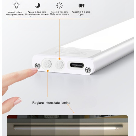 Lampa LED cu Senzor de Lumina si Miscare 30 cm, Flippy, Intensitate Reglabila, Suport Magnetic, 79 LED-uri, 114.59lm , Acumulator 600mAh cu Reincarcare prin USB-C, pentru Bucatarie, Hol, Dressing, Garaj