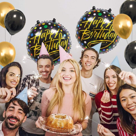 Balon din Folie Metalizata, Flippy, Figurine, Model 3, Happy Birthday, Tematica Aniversare, 45 cm, Ambalaj Individual, Pai Inclus, Umflare cu Aer sau Heliu, Multicolor