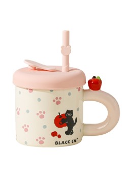 Cana din Ceramica cu Capac si Pai, Flippy, Capacul si Paiul din Silicon Roz, 9x8.5 cm, Model Cute D, Capacitate 380ml