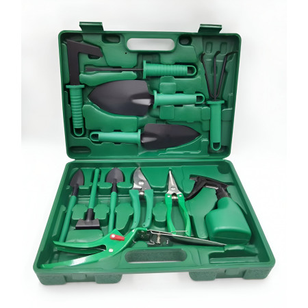 Set 12 Unelte Grădină cu Cutie de Depozitare, PVC & Oțel A3, 38x29 cm, Verde Deschis – Plantare, Sol, Îngrijire Plante
