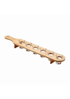 Set 6 Pahare Shot din Sticla Flippy, cu Suport din Lemn, Design Rustic, 49.5 x 7 x 6.5 cm, Maro