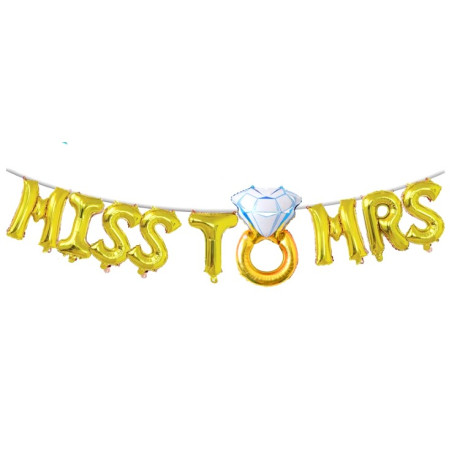 Set Baloane din Folie Metalizata, Flippy, Model Miss to Mrs cu Inel de Logodna, Litere de 40 cm, Tema Iubire, Baloane Party, Ambalaj Individual, Pai Inclus, Umflare cu Aer sau Heliu, Auriu