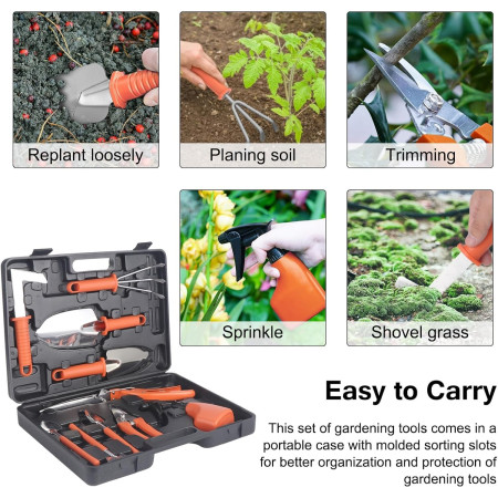Set 10 Unelte de Grădină din Oțel Inoxidabil, Mânere Portocalii, Cutie Inclusă, 37x28x7 cm – Pentru Plantare, Sol, Îngrijire Plante, Negru