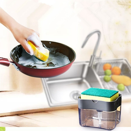 Dozator 2în1 pentru Detergent și Obiecte Sanitare, cu Suport pentru Burete, Capacitate 380ML, Design Compact și Modern, 14 x 10.5 x 10 cm, Gri