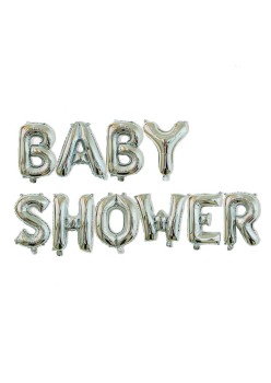 Set Baloane din Folie Metalizata, Flippy, Model Baby Shower, Litere de 40 cm, Baloane Party, Ambalaj Individual, Pai, Ata si Adeziv Incluse, Umflare cu Aer sau Heliu, Argintiu
