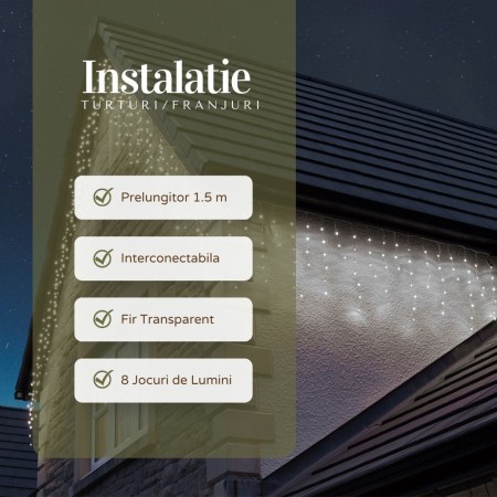 Instalatie Craciun Tip Franjuri/Turturi, 8 Jocuri de Lumini, Interconectabila, 4 m, 120 LED-uri, Prelungitor 1.5 m, Fir transparent, Alb Rece