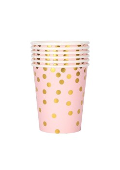 Set 10 Pahare, Flippy, Imprimeu cu Buline, din Carton, 250 ml, 7.5 x 8.5 x 5.2 cm, Roz/Auriu