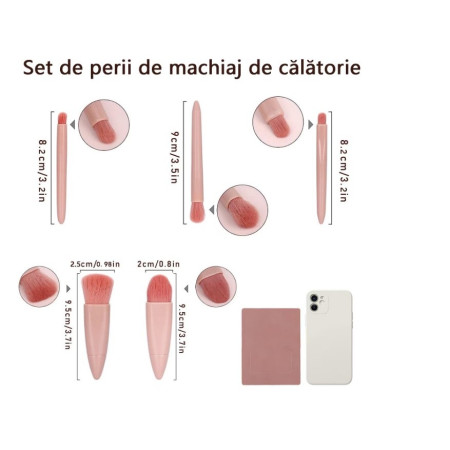 Set 5 Mini Pensule de Machiaj, Flippy, Portabile, in Carcasa cu Oglinda, din Par Sintetic Moale, Roz Pastel, 12x7x2.5 cm
