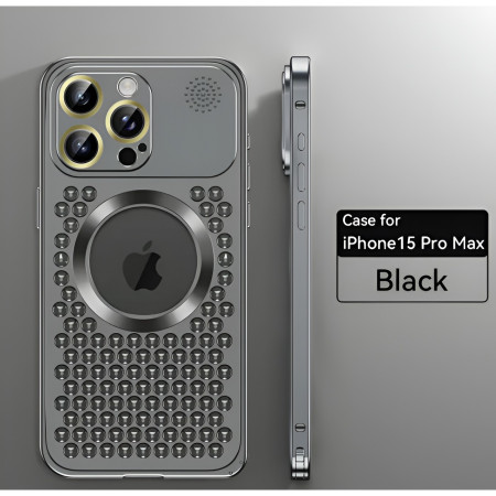 Husa MagSafe Aromaterapia Compatibila cu iPhone 15 Pro Max, Flippy, Suport Magnetic, Antisoc, Antizgariere, Protectie Camera si Supraincalzire, din Aliaj de Aluminiu, Negru