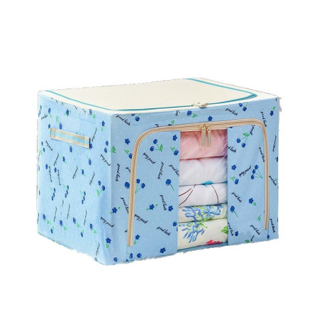 Cutie de Depozitare Pliabilă, 66L, Pânză Oxford, Cadru Metalic, Fermoar Dublu, Fereastră Transparentă, Imprimeu Cireșe, 50x40x33 cm, Albastru