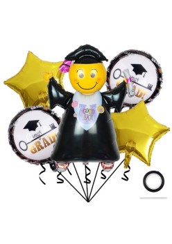 Baloane cu tematica Absolvire, Flippy, set din 5 baloane, 1 Figurina Absolventa, 2 stele, 2 rotunde, din folie de aluminiu, 70 x 40 cm, Aer si Heliu, Auriu Negru