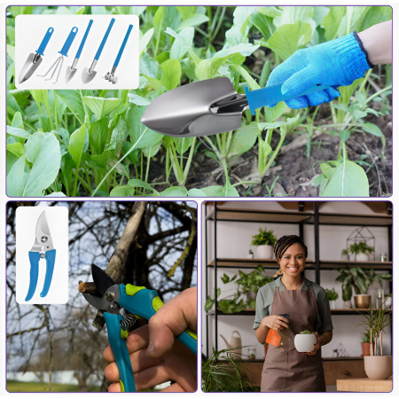 Set 10 Unelte de Grădină, Mânere Albastre, Oțel Inoxidabil, Cutie Inclusă, 37x28x7 cm, Negru – Pentru Plantare, Sol și Îngrijire Plante