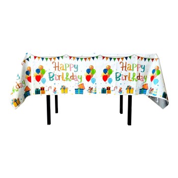 Fata de Masa, Flippy, din Folie, Imprimeu Happy Birthday cu Baloane, 137 x 183 cm, Alb