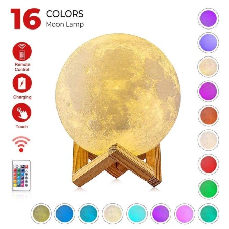 Lampa de veghe in forma de luna cu stele 3D Moon Light, Acumulator integrat, alimentare USB, stand din plastic inclus, 13 cm, 16 culori, Multicolor, Telecomanda inclusa, Flippy