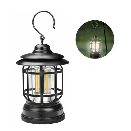 Felinar Camping Vintage Portabil, 21 COB LED, Intensitate Reglabilă, Iluminare 360°, Cu Cârlig, 5W, Negru