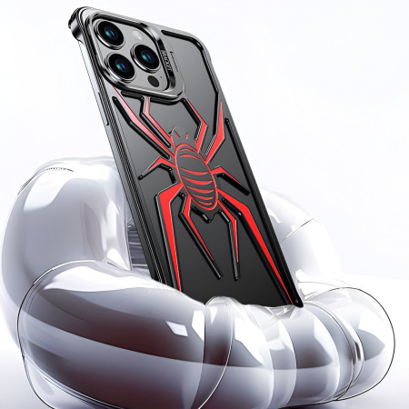 Husa de Protectie Compatibila iPhone 15 Pro Max, cu Suport Metalic pentru Camera, Armor Protective Series, Flippy, Antisoc, Protectie de Metal pe Margini, Model Paianjen, Negru Rosu