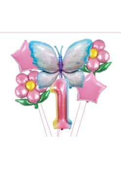 Set baloane aniversare cu numere, din folie de aluminiu, 6 piese, 2 flori, 2 stelute, 1 fluture, 1 cifra, Multicolor, Cifra 1