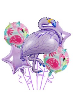 Baloane aniversare Flamingo Party, Flippy, din Folie de aluminiu si Latex, set din 5 baloane, 1 Flamingo, 2 Stele, 2 rotunde, 60 x 90 cm, Adeziv si pai inclus  Mov