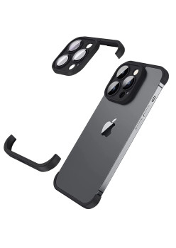 Husa Metalica Edgeless Compatibila cu iPhone 15 Pro, Flippy, Protectie pentru Colturi si Camera, Aliaj, Antisoc, Antizgariere, Negru Metalizat