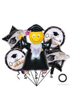 Baloane cu tematica Absolvire, Flippy, set din 5 baloane, 1 Figurina Absolventa, 2 stele, 2 rotunde, din folie de aluminiu, 70 x 40 cm, Aer si Heliu, Alb Negru