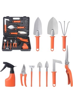 Set 10 Unelte de Grădină din Oțel Inoxidabil, Mânere Portocalii, Cutie Inclusă, 37x28x7 cm – Pentru Plantare, Sol, Îngrijire Plante, Negru