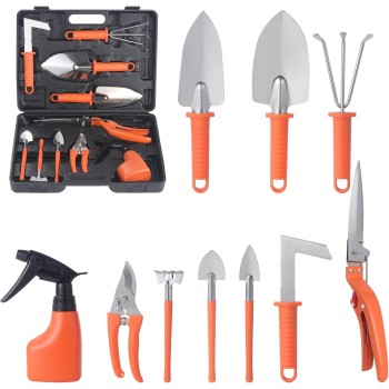 Set 10 Unelte de Grădină din Oțel Inoxidabil, Mânere Portocalii, Cutie Inclusă, 37x28x7 cm – Pentru Plantare, Sol, Îngrijire Plante, Negru