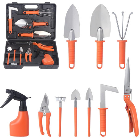 Set 10 Unelte de Grădină din Oțel Inoxidabil, Mânere Portocalii, Cutie Inclusă, 37x28x7 cm – Pentru Plantare, Sol, Îngrijire Plante, Negru