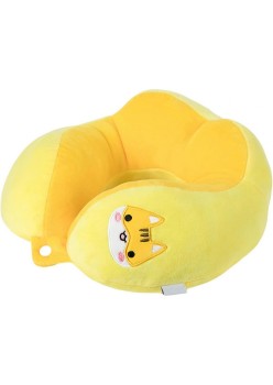 Pernă TravelPaws, Suport Ergonomic pentru Gât și Cap, Umplutură Moale din Bumbac, Model Brodat Pisică, 28x28x10 cm, Galben