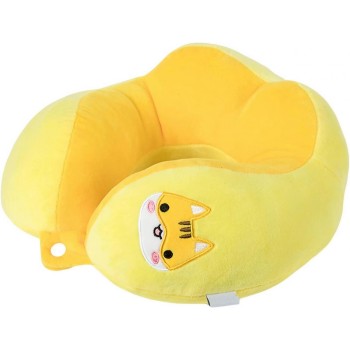 Pernă TravelPaws, Suport Ergonomic pentru Gât și Cap, Umplutură Moale din Bumbac, Model Brodat Pisică, 28x28x10 cm, Galben