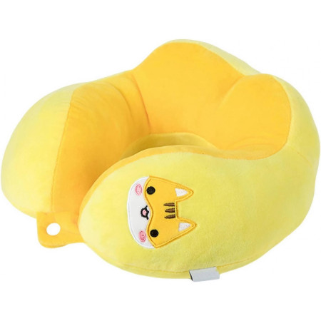 Pernă TravelPaws, Suport Ergonomic pentru Gât și Cap, Umplutură Moale din Bumbac, Model Brodat Pisică, 28x28x10 cm, Galben