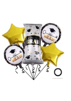 Baloane cu tematica Absolvire, Flippy, set din 5 baloane, 1 Figurina Diploma, 2 stele, 2 rotunde, din folie de aluminiu, 70 x 40 cm, Aer si Heliu, Auriu Negru