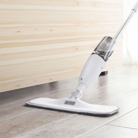 Mop plat, Flippy, cu pulverizator, pentru uz casnic, plastic, rezerva de mop din microfibra, 125x40 cm, Alb/Negru