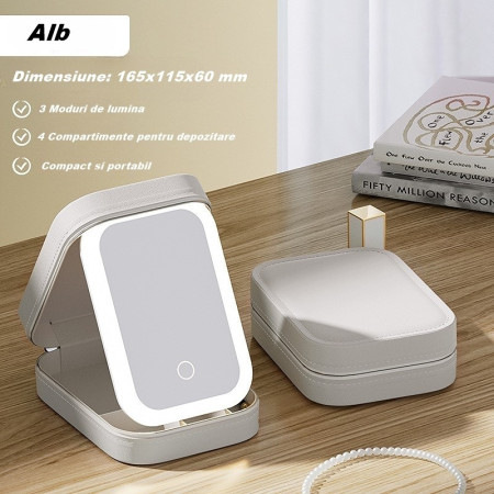 Portfard Cosmetice cu Oglindă LED, 3 Modele de Lumină, Încărcare USB, Baterie 1200 mAh, Compartimentat, Imitație Piele, Alb, 16.5x11.5x6 cm