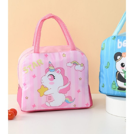 Geanta Termoizolanta pentru Copii, Flippy, 23x13x19 cm, Model Imprimeu Unicorn, din Folie de Aluminiu si Panza Oxford, Roz