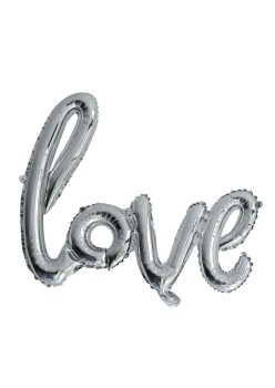 Set Baloane din Folie Metalizata, Model Love Scris de Mana, 102x65 cm, Baloane Ziua Indragostitilor, Ambalaj Individual, Pai inclus, Umflare cu Aer sau Heliu, Argintiu