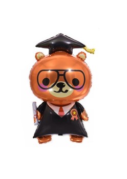 Balon din Folie Metalizata, Flippy, Figurine, Model Ursulet Absolvent, 70 cm, Ambalaj Individual, Pai Inclus, Umflare cu Aer sau Heliu, Maro Negru