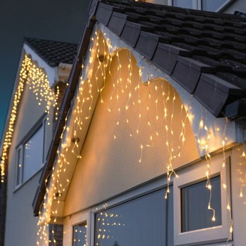 Instalatie Craciun Tip Franjuri/Turturi, lungime 12 m, 300 LED-uri, Prelungitor 1.5 m, Conectare la Retea, Fir transparent, Alb Cald