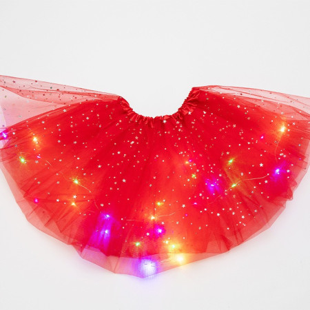 Fusta LED pentru Copii, Flippy, Tutu de Balet pentru Fetite cu Luminite Multicolore Incorporate, Model Stelute, 30 cm Lungime, Rosu
